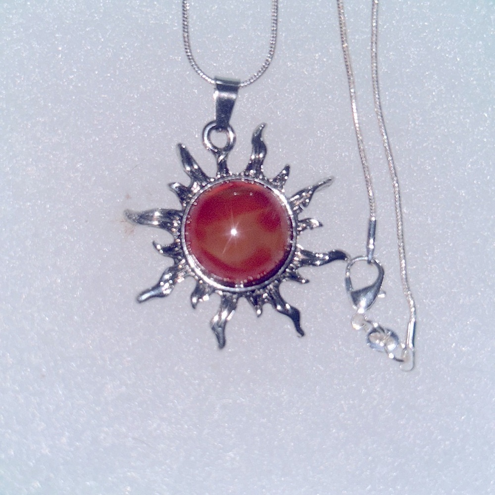 Boho hippie Carnelian Crystal Sun Sterling Silver Necklace 16”